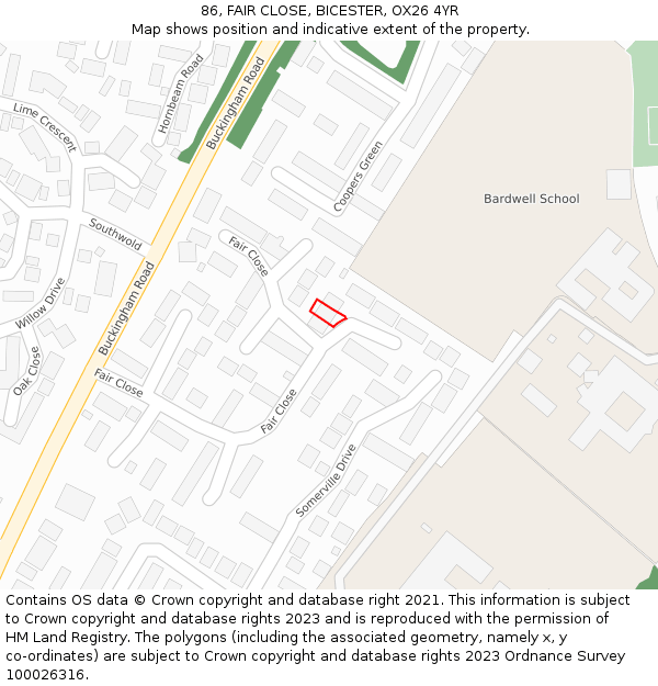 86, FAIR CLOSE, BICESTER, OX26 4YR: Location map and indicative extent of plot