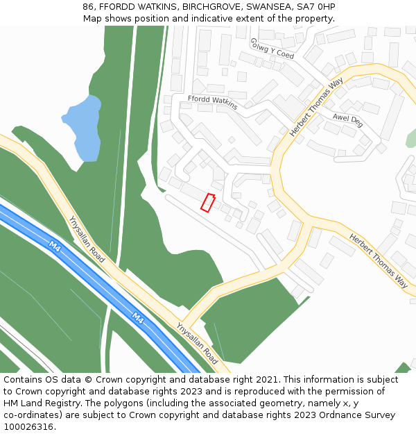 86, FFORDD WATKINS, BIRCHGROVE, SWANSEA, SA7 0HP: Location map and indicative extent of plot
