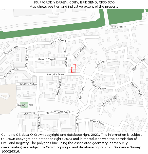 86, FFORDD Y DRAEN, COITY, BRIDGEND, CF35 6DQ: Location map and indicative extent of plot