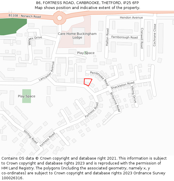 86, FORTRESS ROAD, CARBROOKE, THETFORD, IP25 6FP: Location map and indicative extent of plot