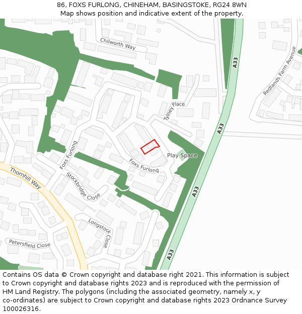 86, FOXS FURLONG, CHINEHAM, BASINGSTOKE, RG24 8WN: Location map and indicative extent of plot