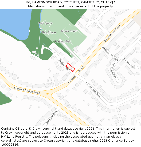 86, HAMESMOOR ROAD, MYTCHETT, CAMBERLEY, GU16 6JD: Location map and indicative extent of plot