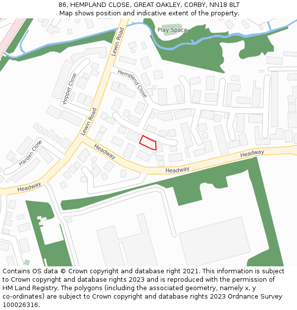 86, HEMPLAND CLOSE, GREAT OAKLEY, CORBY, NN18 8LT: Location map and indicative extent of plot