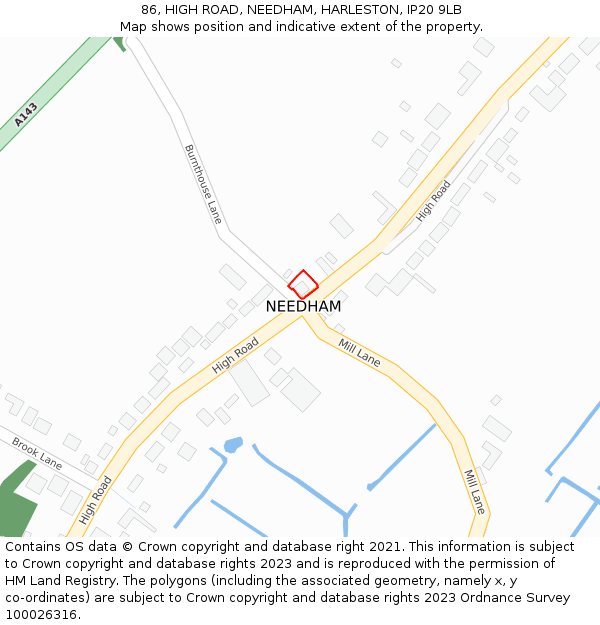 86, HIGH ROAD, NEEDHAM, HARLESTON, IP20 9LB: Location map and indicative extent of plot