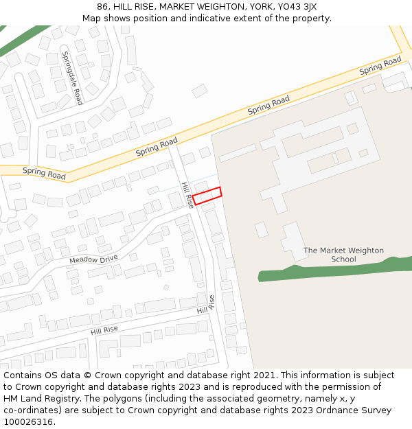 86, HILL RISE, MARKET WEIGHTON, YORK, YO43 3JX: Location map and indicative extent of plot