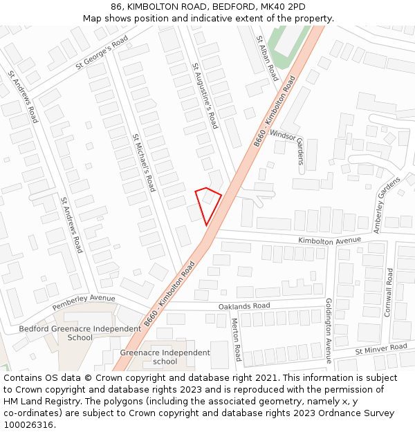 86, KIMBOLTON ROAD, BEDFORD, MK40 2PD: Location map and indicative extent of plot