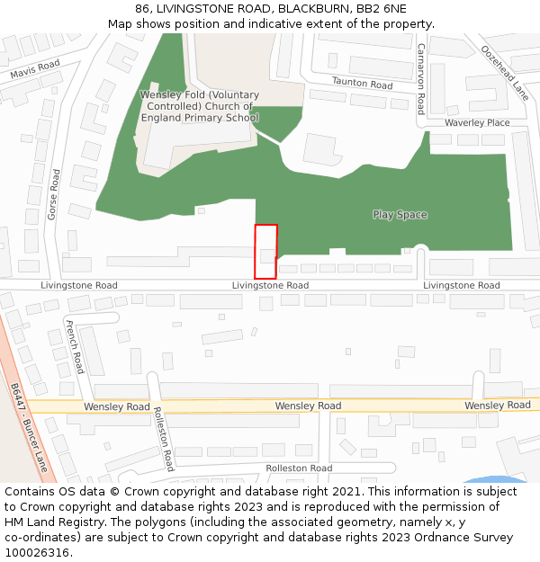 86, LIVINGSTONE ROAD, BLACKBURN, BB2 6NE: Location map and indicative extent of plot