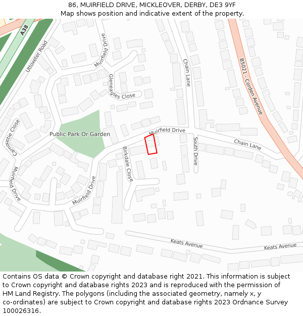 86, MUIRFIELD DRIVE, MICKLEOVER, DERBY, DE3 9YF: Location map and indicative extent of plot