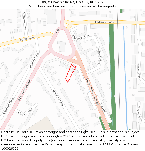 86, OAKWOOD ROAD, HORLEY, RH6 7BX: Location map and indicative extent of plot