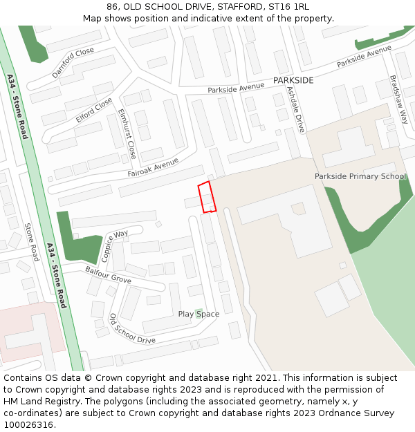 86, OLD SCHOOL DRIVE, STAFFORD, ST16 1RL: Location map and indicative extent of plot