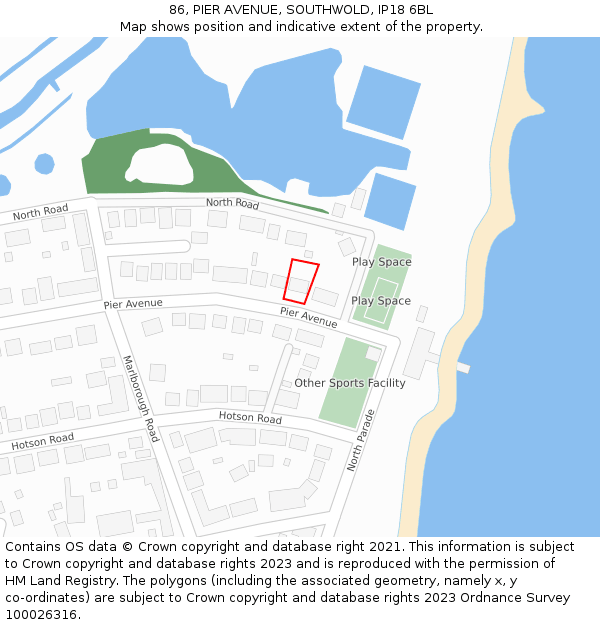 86, PIER AVENUE, SOUTHWOLD, IP18 6BL: Location map and indicative extent of plot