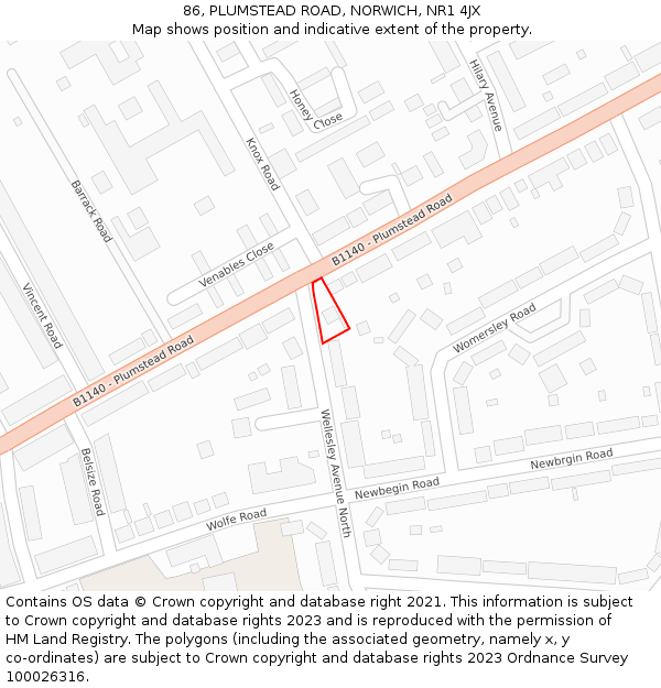 86, PLUMSTEAD ROAD, NORWICH, NR1 4JX: Location map and indicative extent of plot