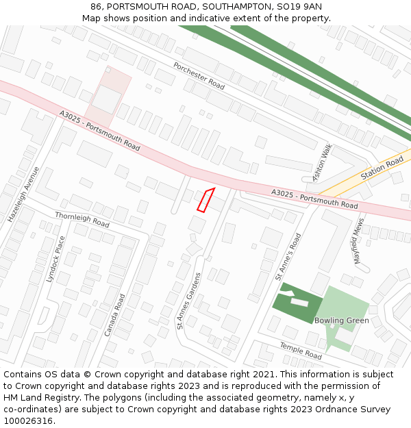 86, PORTSMOUTH ROAD, SOUTHAMPTON, SO19 9AN: Location map and indicative extent of plot
