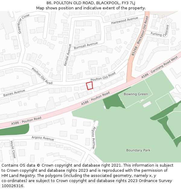 86, POULTON OLD ROAD, BLACKPOOL, FY3 7LJ: Location map and indicative extent of plot
