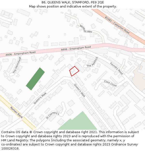 86, QUEENS WALK, STAMFORD, PE9 2QE: Location map and indicative extent of plot