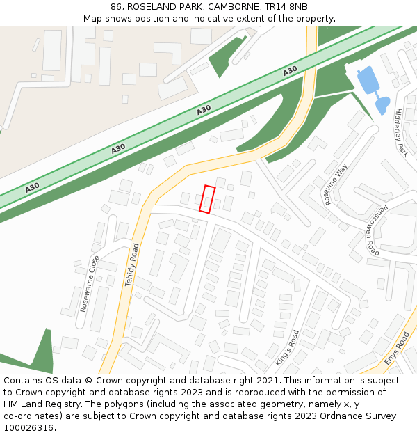 86, ROSELAND PARK, CAMBORNE, TR14 8NB: Location map and indicative extent of plot