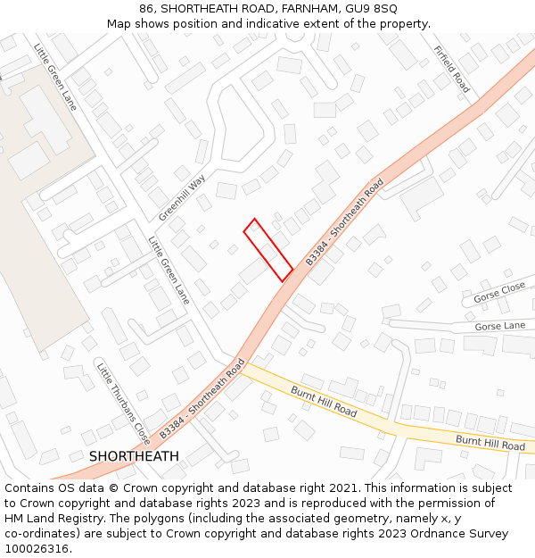 86, SHORTHEATH ROAD, FARNHAM, GU9 8SQ: Location map and indicative extent of plot