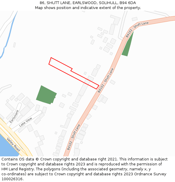 86, SHUTT LANE, EARLSWOOD, SOLIHULL, B94 6DA: Location map and indicative extent of plot