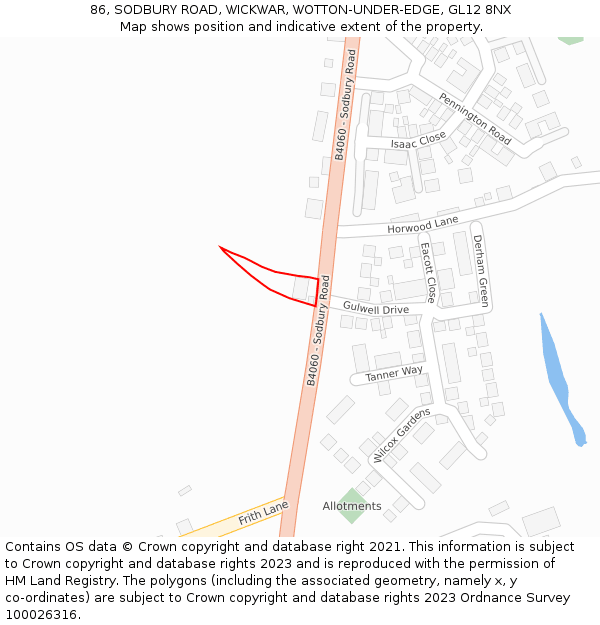 86, SODBURY ROAD, WICKWAR, WOTTON-UNDER-EDGE, GL12 8NX: Location map and indicative extent of plot