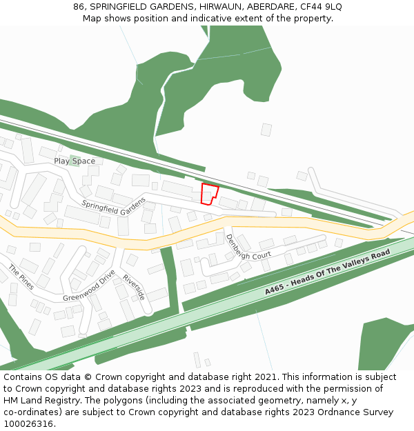 86, SPRINGFIELD GARDENS, HIRWAUN, ABERDARE, CF44 9LQ: Location map and indicative extent of plot