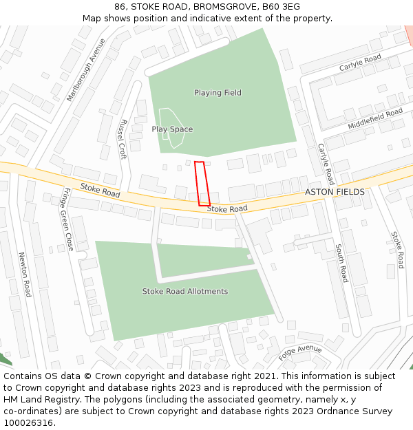 86, STOKE ROAD, BROMSGROVE, B60 3EG: Location map and indicative extent of plot