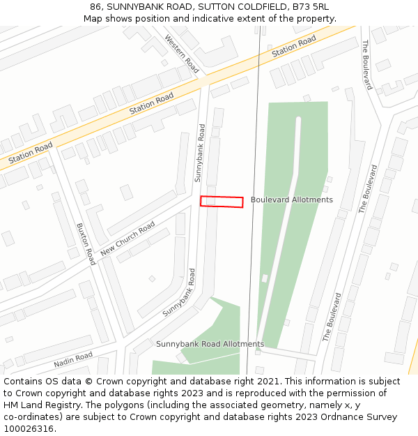 86, SUNNYBANK ROAD, SUTTON COLDFIELD, B73 5RL: Location map and indicative extent of plot