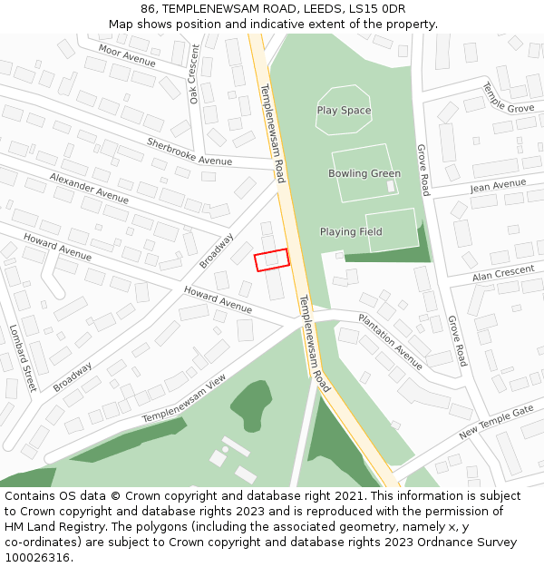 86, TEMPLENEWSAM ROAD, LEEDS, LS15 0DR: Location map and indicative extent of plot