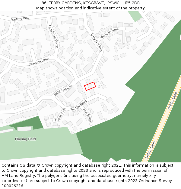86, TERRY GARDENS, KESGRAVE, IPSWICH, IP5 2DR: Location map and indicative extent of plot