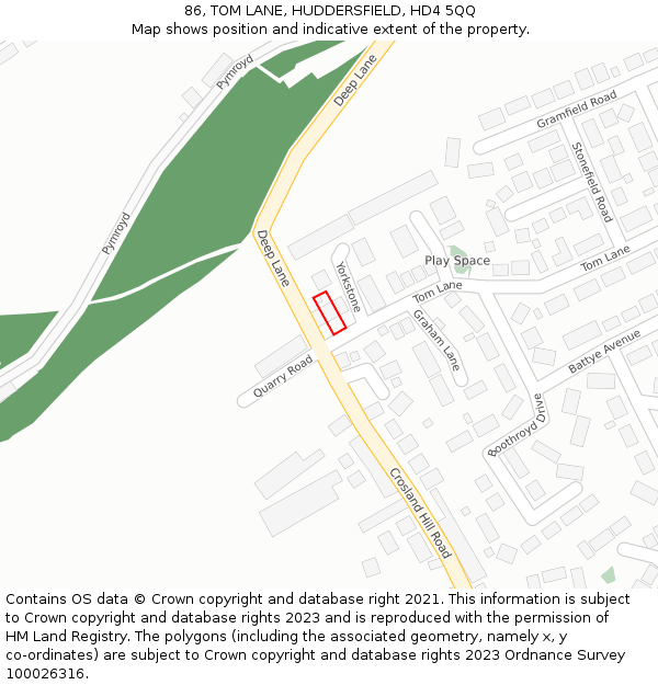86, TOM LANE, HUDDERSFIELD, HD4 5QQ: Location map and indicative extent of plot