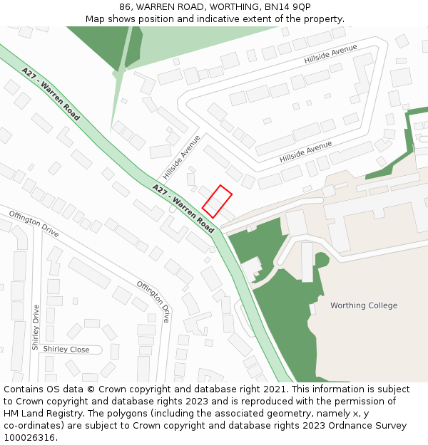 86, WARREN ROAD, WORTHING, BN14 9QP: Location map and indicative extent of plot