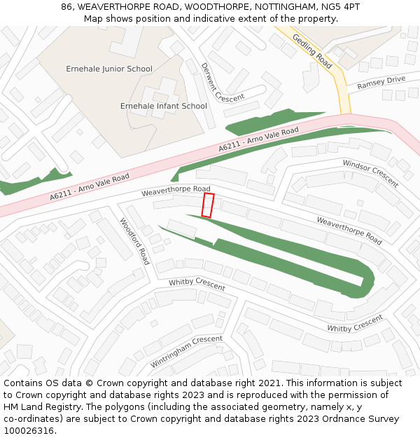 86, WEAVERTHORPE ROAD, WOODTHORPE, NOTTINGHAM, NG5 4PT: Location map and indicative extent of plot
