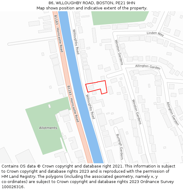 86, WILLOUGHBY ROAD, BOSTON, PE21 9HN: Location map and indicative extent of plot