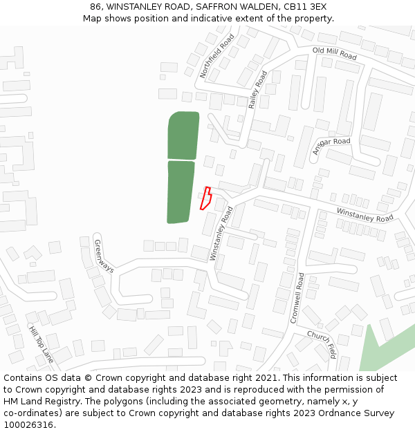 86, WINSTANLEY ROAD, SAFFRON WALDEN, CB11 3EX: Location map and indicative extent of plot