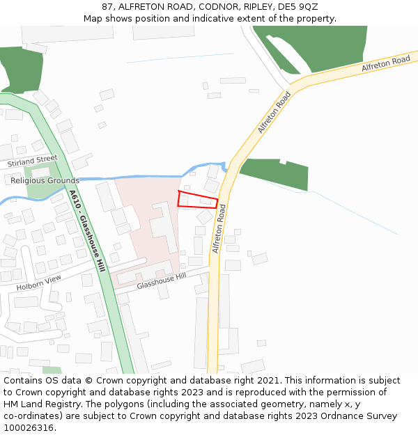 87, ALFRETON ROAD, CODNOR, RIPLEY, DE5 9QZ: Location map and indicative extent of plot