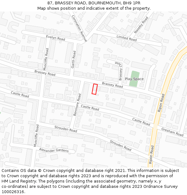 87, BRASSEY ROAD, BOURNEMOUTH, BH9 1PR: Location map and indicative extent of plot