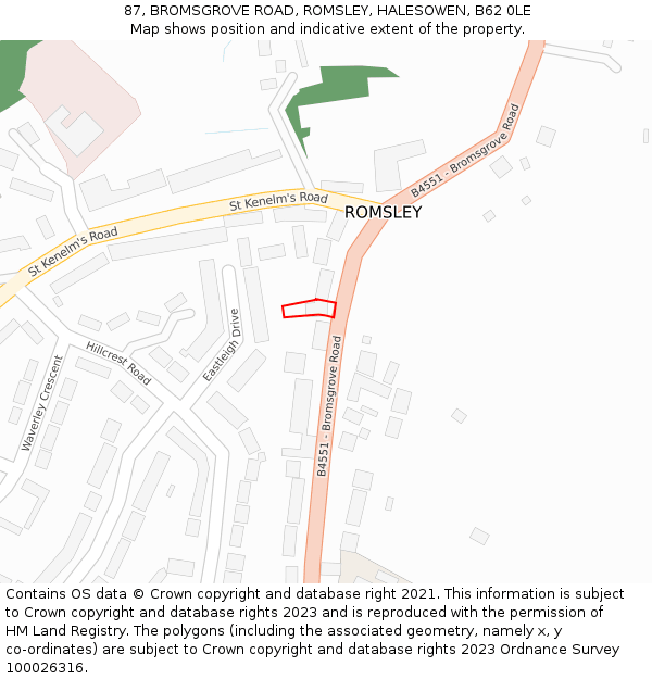 87, BROMSGROVE ROAD, ROMSLEY, HALESOWEN, B62 0LE: Location map and indicative extent of plot