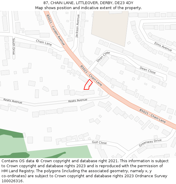 87, CHAIN LANE, LITTLEOVER, DERBY, DE23 4DY: Location map and indicative extent of plot