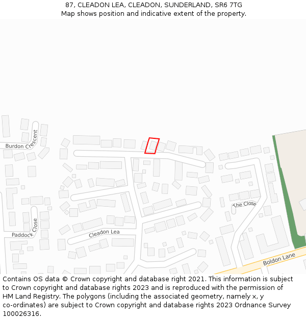 87, CLEADON LEA, CLEADON, SUNDERLAND, SR6 7TG: Location map and indicative extent of plot