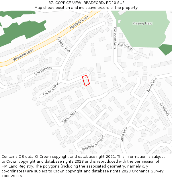 87, COPPICE VIEW, BRADFORD, BD10 8UF: Location map and indicative extent of plot
