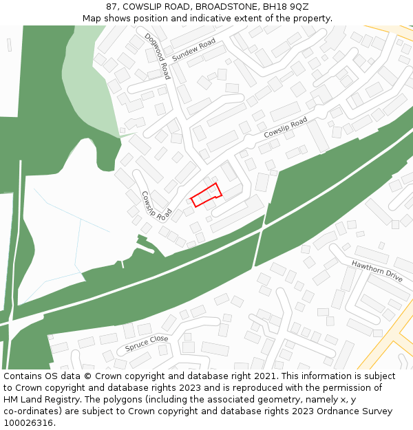 87, COWSLIP ROAD, BROADSTONE, BH18 9QZ: Location map and indicative extent of plot