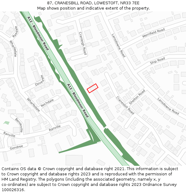 87, CRANESBILL ROAD, LOWESTOFT, NR33 7EE: Location map and indicative extent of plot