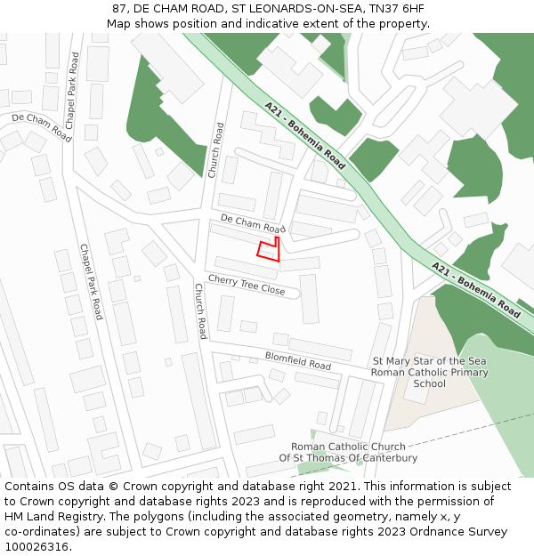 87, DE CHAM ROAD, ST LEONARDS-ON-SEA, TN37 6HF: Location map and indicative extent of plot