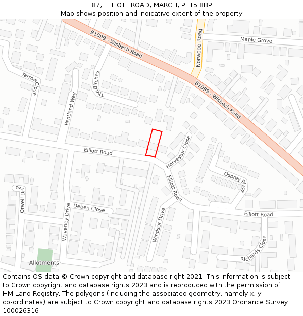 87, ELLIOTT ROAD, MARCH, PE15 8BP: Location map and indicative extent of plot