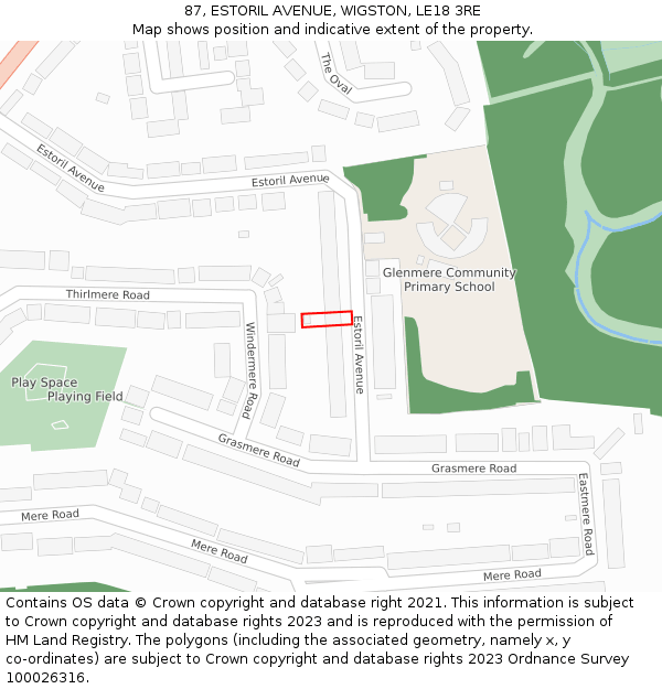 87, ESTORIL AVENUE, WIGSTON, LE18 3RE: Location map and indicative extent of plot