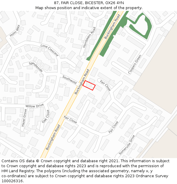 87, FAIR CLOSE, BICESTER, OX26 4YN: Location map and indicative extent of plot