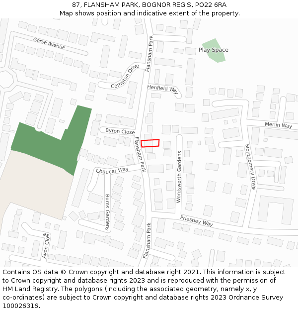 87, FLANSHAM PARK, BOGNOR REGIS, PO22 6RA: Location map and indicative extent of plot