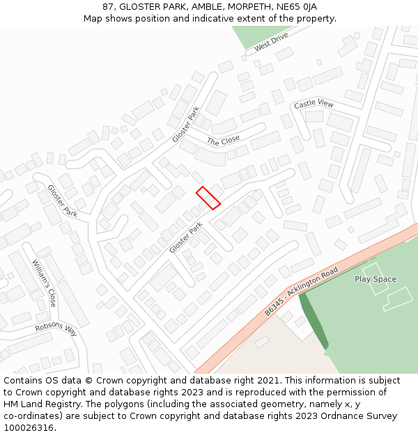 87, GLOSTER PARK, AMBLE, MORPETH, NE65 0JA: Location map and indicative extent of plot