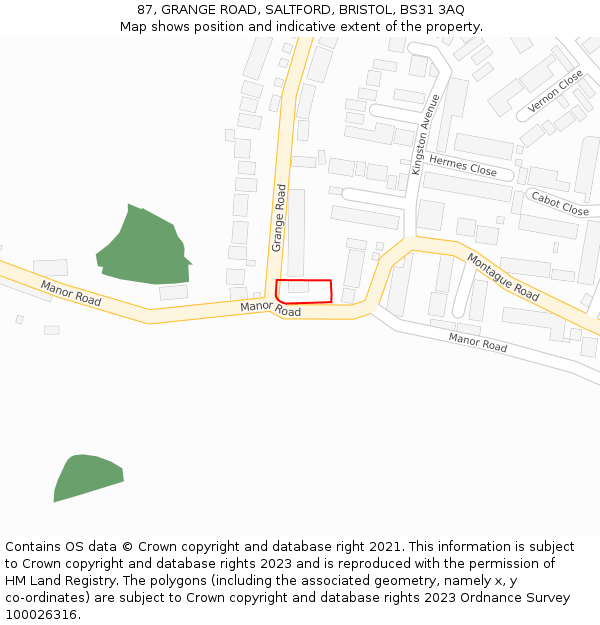 87, GRANGE ROAD, SALTFORD, BRISTOL, BS31 3AQ: Location map and indicative extent of plot
