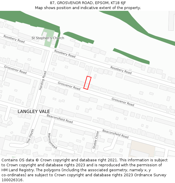 87, GROSVENOR ROAD, EPSOM, KT18 6JF: Location map and indicative extent of plot