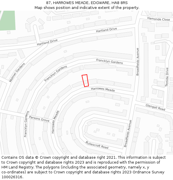 87, HARROWES MEADE, EDGWARE, HA8 8RS: Location map and indicative extent of plot
